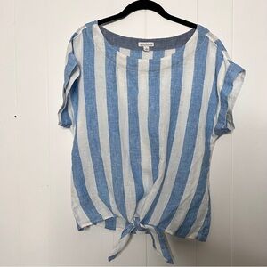 L.L. Bean 100% Linen Blue and White Striped Women's Top Size M Tie Front Coastal